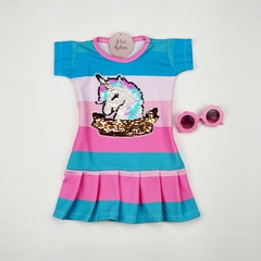 vestido infantil unicórnio listrado azul rosa verão