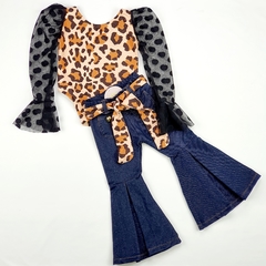 conjunto infantil body onça animal print tule calça boca de sino fashion