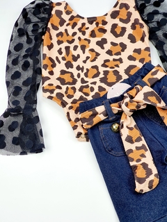 conjunto infantil body onça animal print tule calça boca de sino fashion