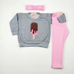 Conjunto infantil inverno moletom rosa sorvete picolé quentinho cinza pijama