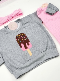 Conjunto infantil inverno moletom rosa sorvete picolé quentinho cinza pijama