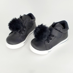 tenis infantil feminino cano alto preto pom pom pompom velcro elastico