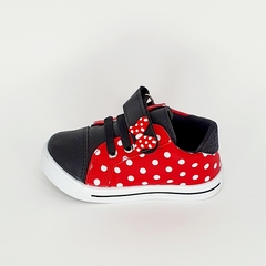 tenis infantil feminino minnie vermelho preto laço poa velcro