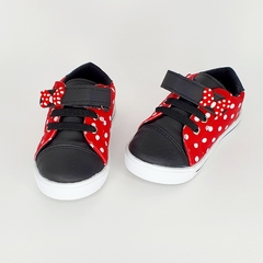 tenis infantil feminino minnie vermelho preto laço poa velcro