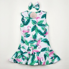 vestido infantil flamingo folhas verde branco rosa manga curta laço babado