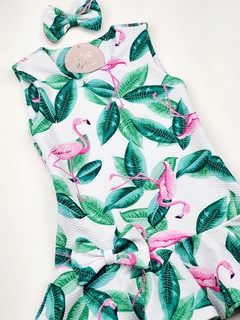 vestido infantil flamingo folhas verde branco rosa manga curta laço babado