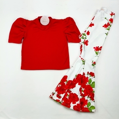 roupa de natal menina calça flare blusa vermelha conjunto infantil