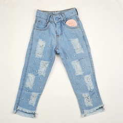 Calça jeans infantil destroyed pérolas