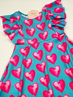 vestido infantil babado coração azul rodado leve