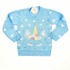 blusa infantil trico feminina azul unicornio quentinho inverno