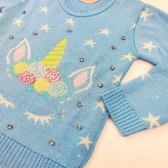 blusa infantil trico feminina azul unicornio quentinho inverno