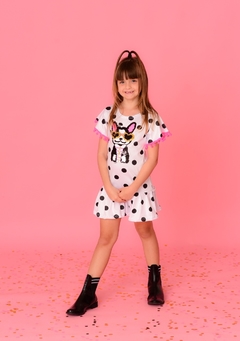 vestido infantil poa cachorro neon pom pom paete aplique bolinhas