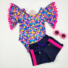 Conjunto infantil body confete com short em visco jeans com detalhes neon