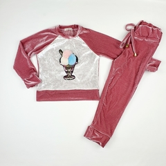 Conjunto infantil inverno veludo com aplique sorvete