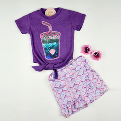 conjunto sereia drink roxo purple short saia aplique