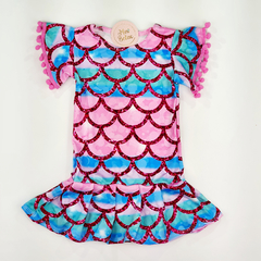 vestido infantil sereia rosa azul pompom barrado 