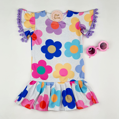 vestido infantil flores coloridas rodado barra rosa amarelo azul branco