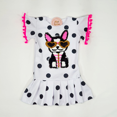 vestido infantil poa cachorro neon pom pom paete aplique bolinhas