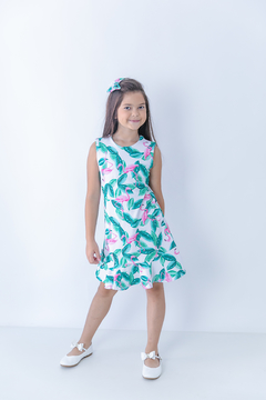 vestido infantil flamingo folhas verde branco rosa manga curta laço babado