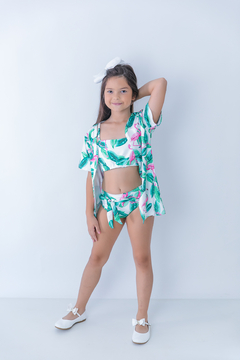 biquini infantil flamingo saida de praia branco rosa laço