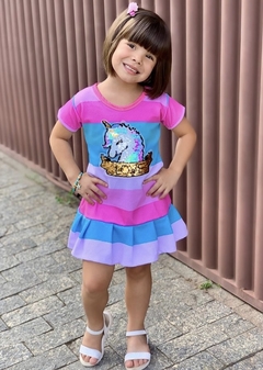 vestido infantil unicórnio listrado azul rosa verão