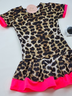 vestido infantil animal print onça neon pink malha confortável