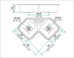 Bacha Pileta Doble Esquinera 78 x 78 x 18 Acero Inoxidable 304 Johnson AXA D78 A - comprar online