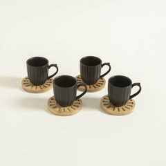 Taza de café con plato - Porcelana negra y plato de Bamboo - 200 ml - Set x 4 unidades
