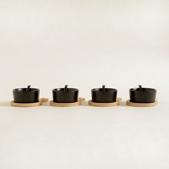 Copetinero cerámica negra - Base de bamboo Individual - Cuchara cerámica negra para cada copetinero - Set x 4 unidades