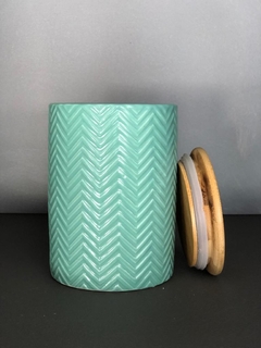 Tarro De Cerámica Aqua Con Tapa De Madera - Zig Zag - Karmela Deco