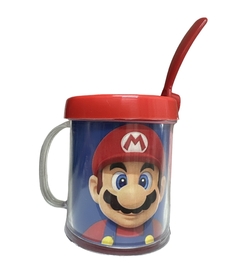 Taza De Plástico C/ Cucharita Súper Mario Fondo Azul