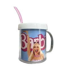 Taza De Plástico C/ Cucharita Barbie Fondo Celeste