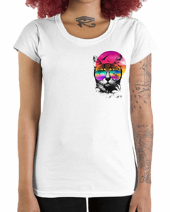 Camiseta Feminina Gato de Óculos de Sol de Bolso