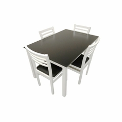 set comedor mesa rectangular de 130x90cm de pino tapa en color negro y patas blancas con sillas de pino tapizadas en eco cuero negro