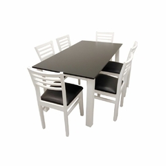set comedor Neuquén para 6 personas en pino pintado tapa en color negro y patas en blanco con sillas en color blanco y asientos tapizados en eco cuero negro