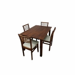 juego comedor color castaño crudo mesa rectangular de 130x90cm con sillas tapizadas en eco cuero blanco