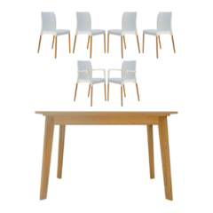 mesa para 6 personas 160x80cm de melamina firme y resistente con sillas de polipropileno con patas de guatambu