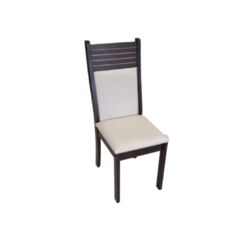 silla de melamina color chocolate con asiento y respaldar tapizado en tela color beige 
