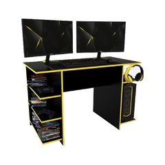 escritorio estilo gamer en melamina, con colgador de auriculares, amarillo y negro