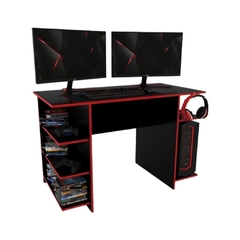 escritorio estilo gamer con 4 estantes y espacio de CPU, rojo y negro