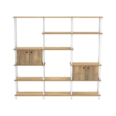 Biblioteca triple con compartimentos construido en melamina 18mm color atakama y estructura de hierro de 30mm de diametro en color blanco 192cm x 182cm x 30cm