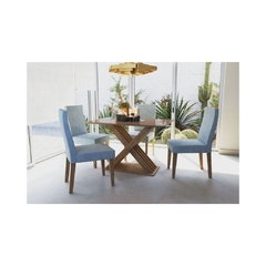 juego comedor con tapa de vidrio de 3mm mesa de melamina con diseño en la base con sillas tapizadas en tela matelaseada y construidas en melamina