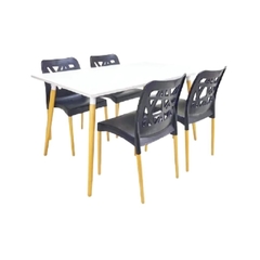 mesa rectangular de 120x83 color blanco con patas de guatambu con 4 sillas de polipropileno en color negro con diseño en el respaldar con patas de guatambu