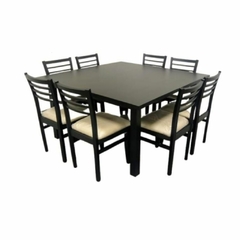 juego comedor para 8 personas mesa cuadrada de 150x150cm de pino color negro y sillas tapizadas en eco cuero