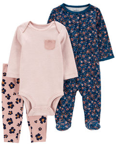 Carter´s Set 3 Piezas Osito Pijama Body Mangas Largas Pantalon Floral