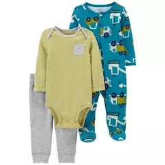 Carter´s Set 3 Piezas Osito Pijama Body Mangas Largas Pantalon Tractores