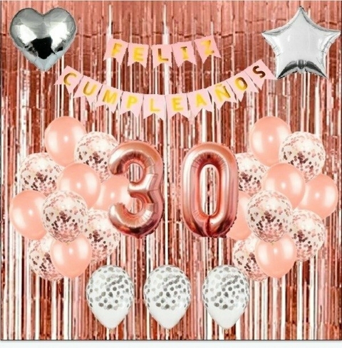 Combo Cumple Banderin Globos Numeros Dorado Negro