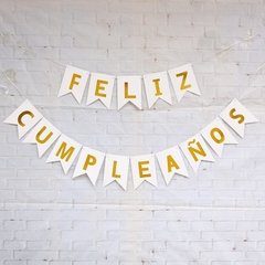 BANDERÍN FELIZ CUMPLEAÑOS BLANCO-DORADO