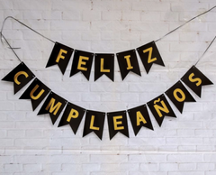 BANDERÍN FELIZ CUMPLEAÑOS NEGRO-DORADO