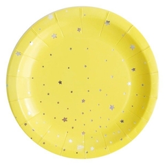 PLATO DE PAPEL AMARILLO ESTRELLITAS PLATEADAS x6